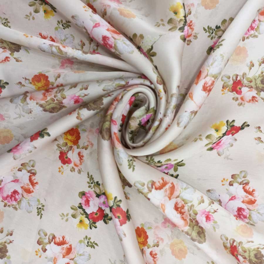 Cream Floral Digital Print Satin Fabric - Apna Bazar